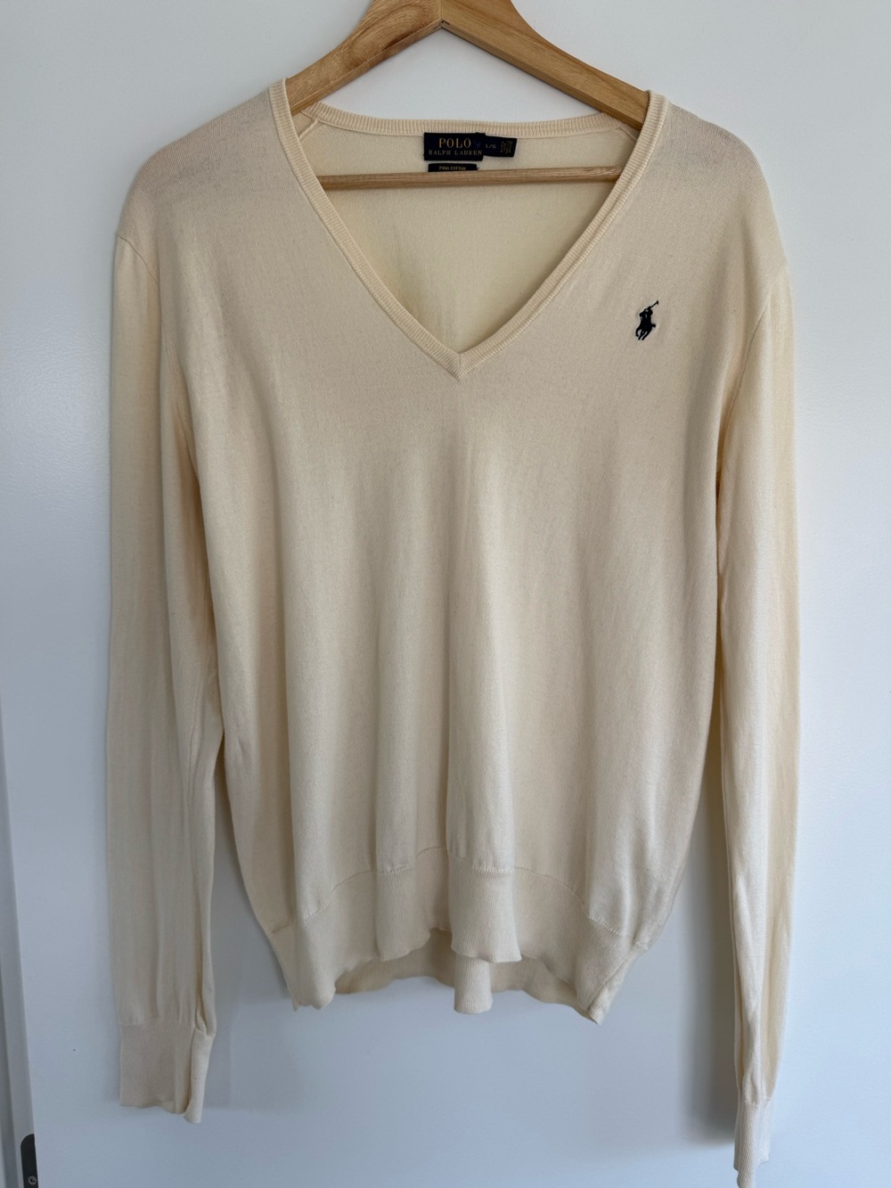 Ralph Lauren Pina Cotton Polo V-Neck Lightweight Sweater in Cream with Navy Pony